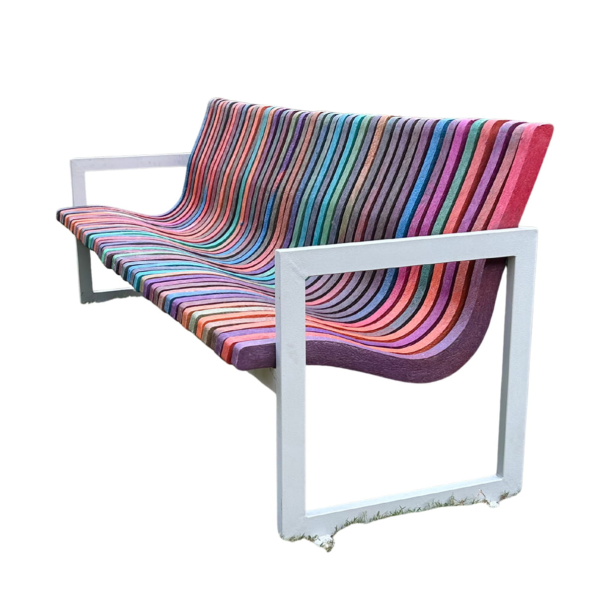 Four seater rainbow bench made from 100% recycled plastic eco friendly outdoor seating