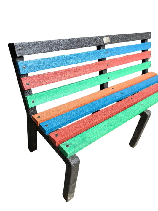 Profile view of rainbow EcoBench outdoor seating made from 100 percent recycled plastic durable eco friendly bench