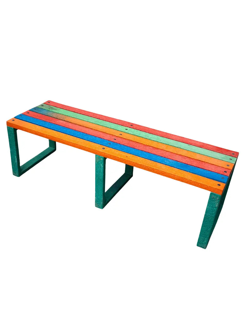 Sideview of colorSplash outdoor bench made from 100 percent recycled plastic durable eco friendly seating