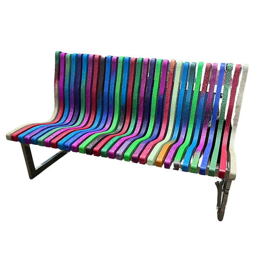 Side View of Rainbow outdoor bench made with 100% recycled plastic eco friendly seating solution