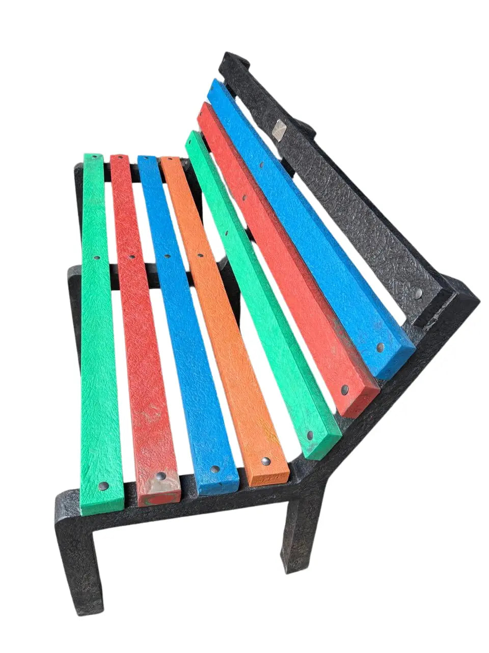Side view of rainbow EcoBench outdoor seating made from 100 percent recycled plastic durable eco friendly bench