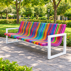 Rainbow Slatted Bench in a Sunlit Garden