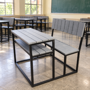Grey Slatted Desks in Sunlit Classroom