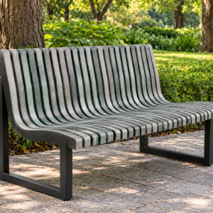 Modern Curved Slat Green Bench in a Garden
