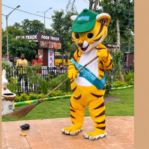 Tiger Mascot Sweeping by Food Stall