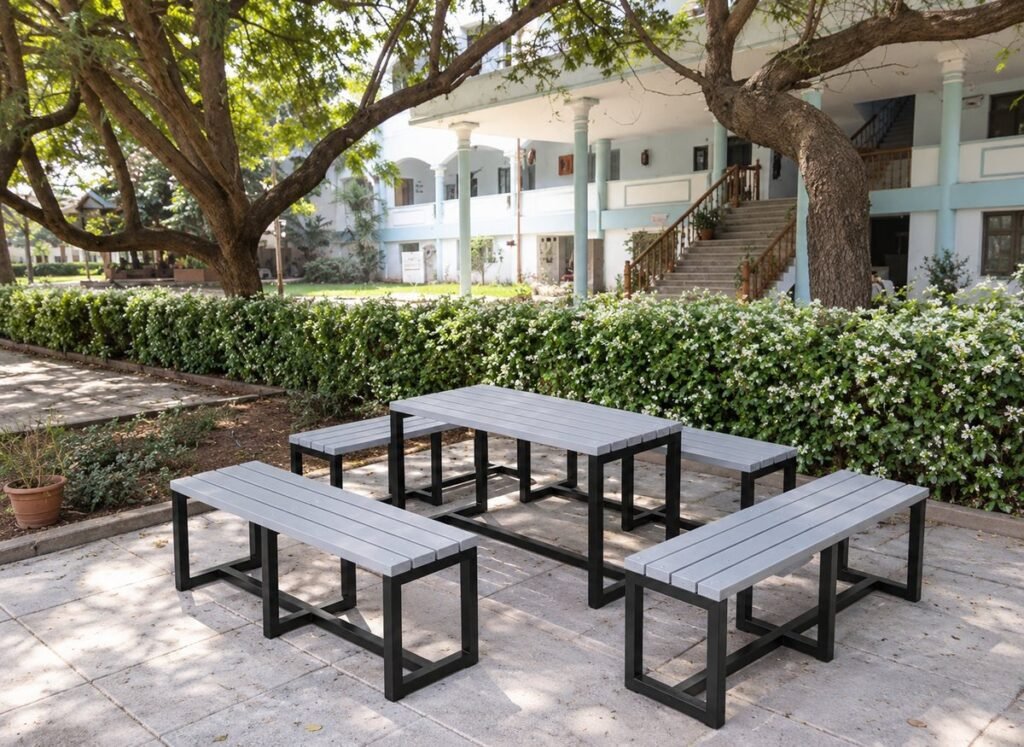recycled plastic bench in a park setting.