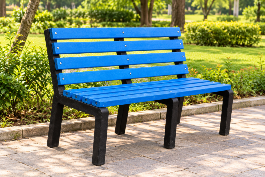 Chart comparing rot, termite, rust, repainting and heat behaviour of wood, metal and recycled plastic benches