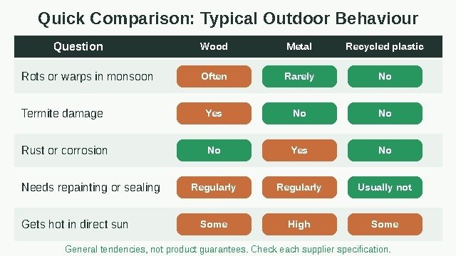Chart comparing rot, termite, rust, repainting and heat behaviour of wood, metal and recycled plastic benches