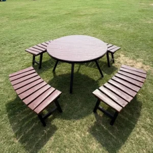 Recycled Plastic Eco-Round Outdoor Dining Set / Round Table + 4 Benches / Park & Garden
